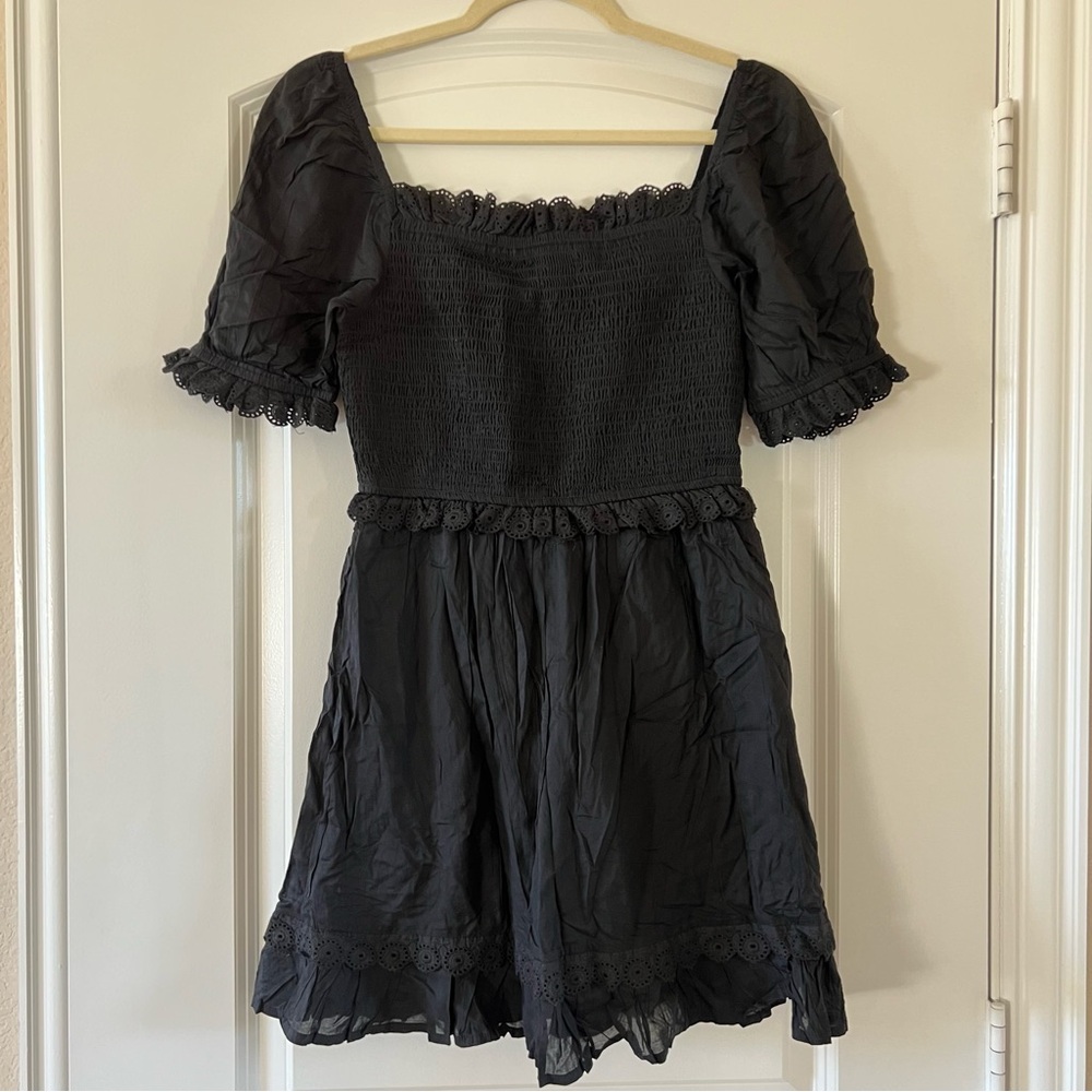 Topshop Black Smocked Dress with Lace Detail